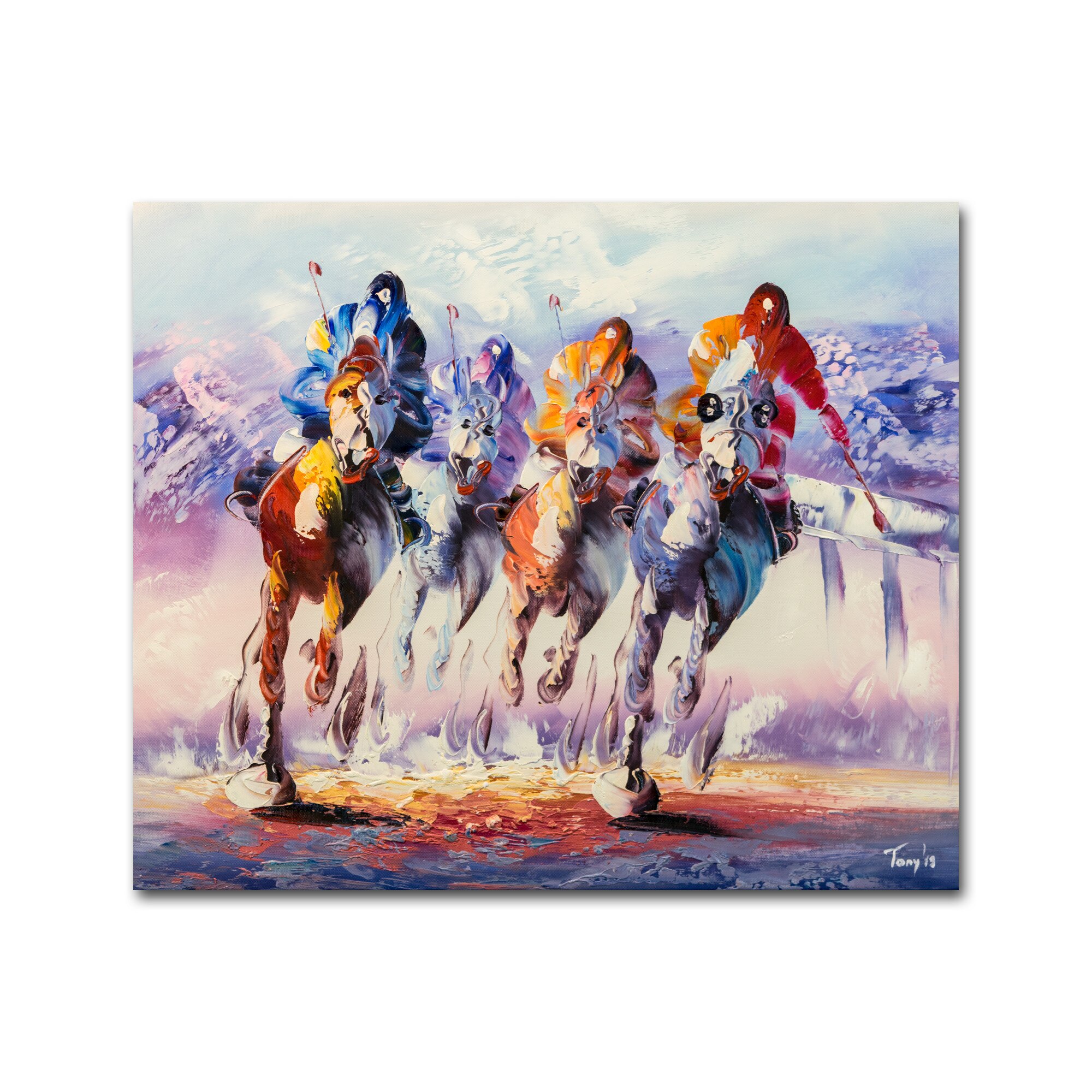 Tablou pictat manual - Cursa hipica (2) - pictura 60x50cm ulei pe panza in cutit