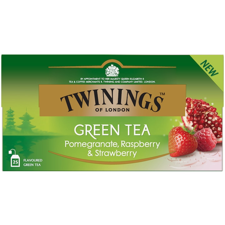 Ceai Twinings Verde cu aroma de Rodie, Zmeura si Capsuni, 25 pliculete, 37.5 gr.