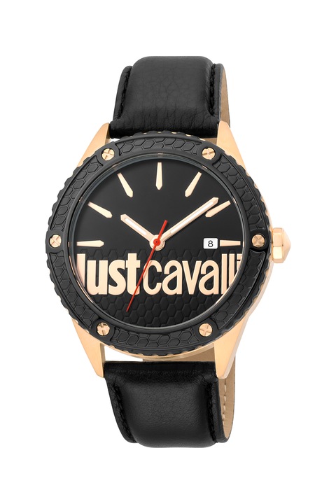 JUST CAVALLI, Овален часовник с кожена каишка, Черен