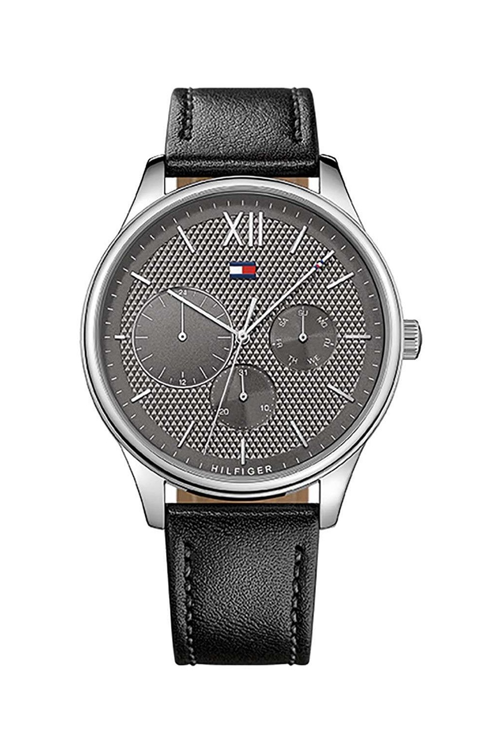 Tommy Hilfiger, Ceas rotund cu o curea de piele, Negru/Argintiu