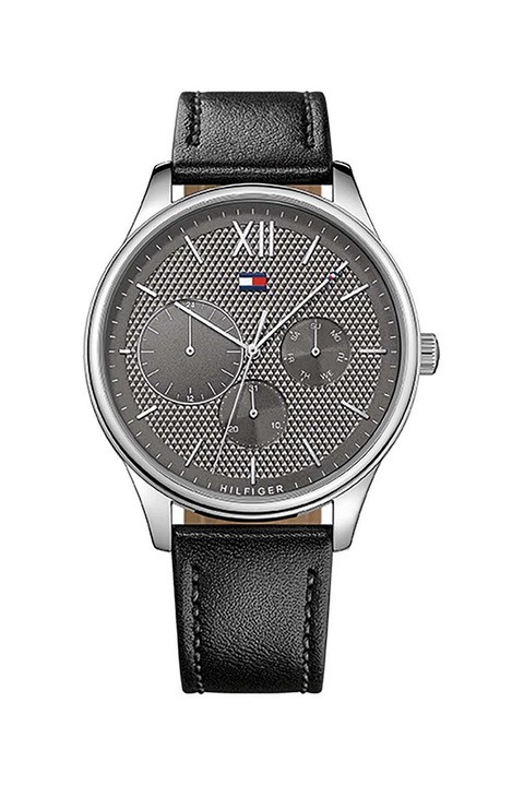 Tommy Hilfiger, Ceas rotund cu o curea de piele, Negru/Argintiu