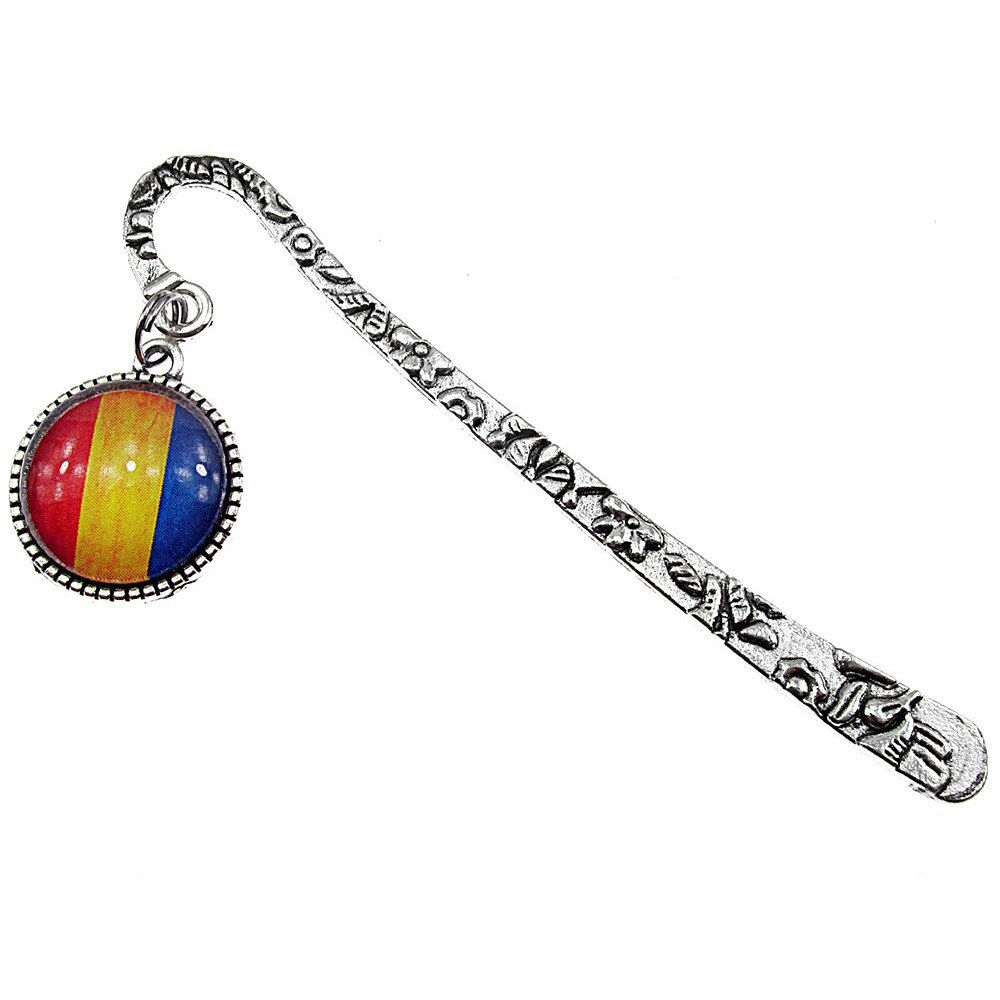 Semn de carte banut steag tricolor, GlamBazaar, 8 cm x 18 mm, Rosu, Galben, Albastru, tip semn de carte metalic