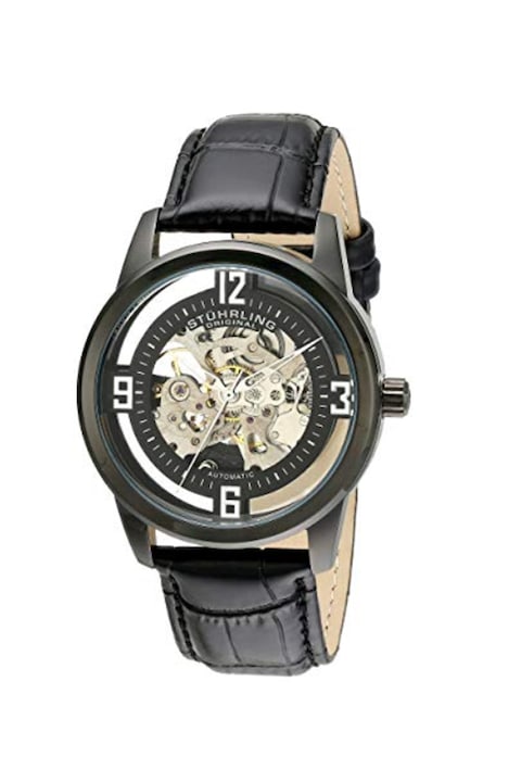 Мъжки часовник Stührling 16277390 6-23-14, автоматичен, естествена кожа, Черен