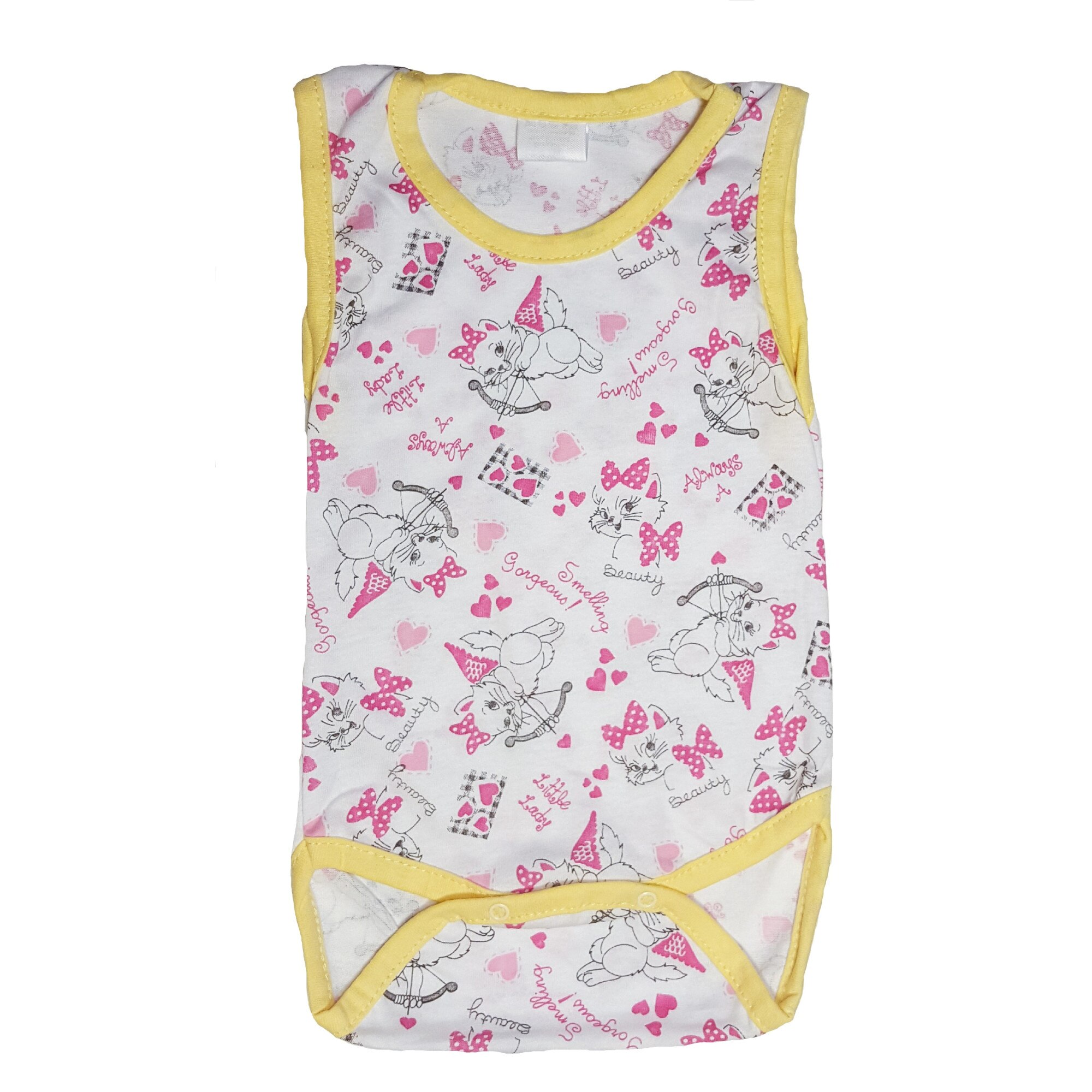 Body Handmade Minis Boutique, alb cu galben si imprimeu pisici, 3-6 luni
