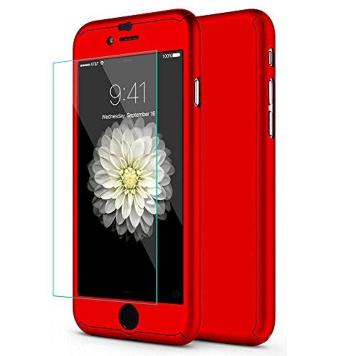 Калъф за Apple iPhone 7+ Червен пълно покритие 360 градуса, със стъклено фолио