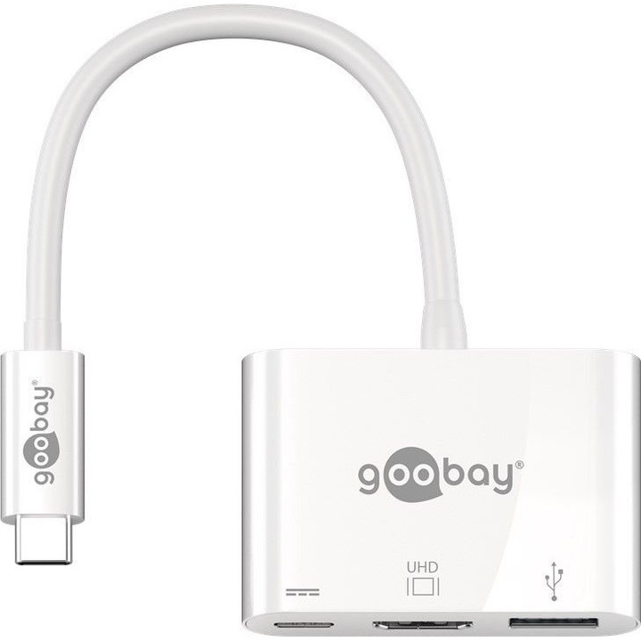 Мултипортов адаптер USB-C към USB-C, HDMI, USB A 3.0 0,15 м бял, Goobay, Power Delivery