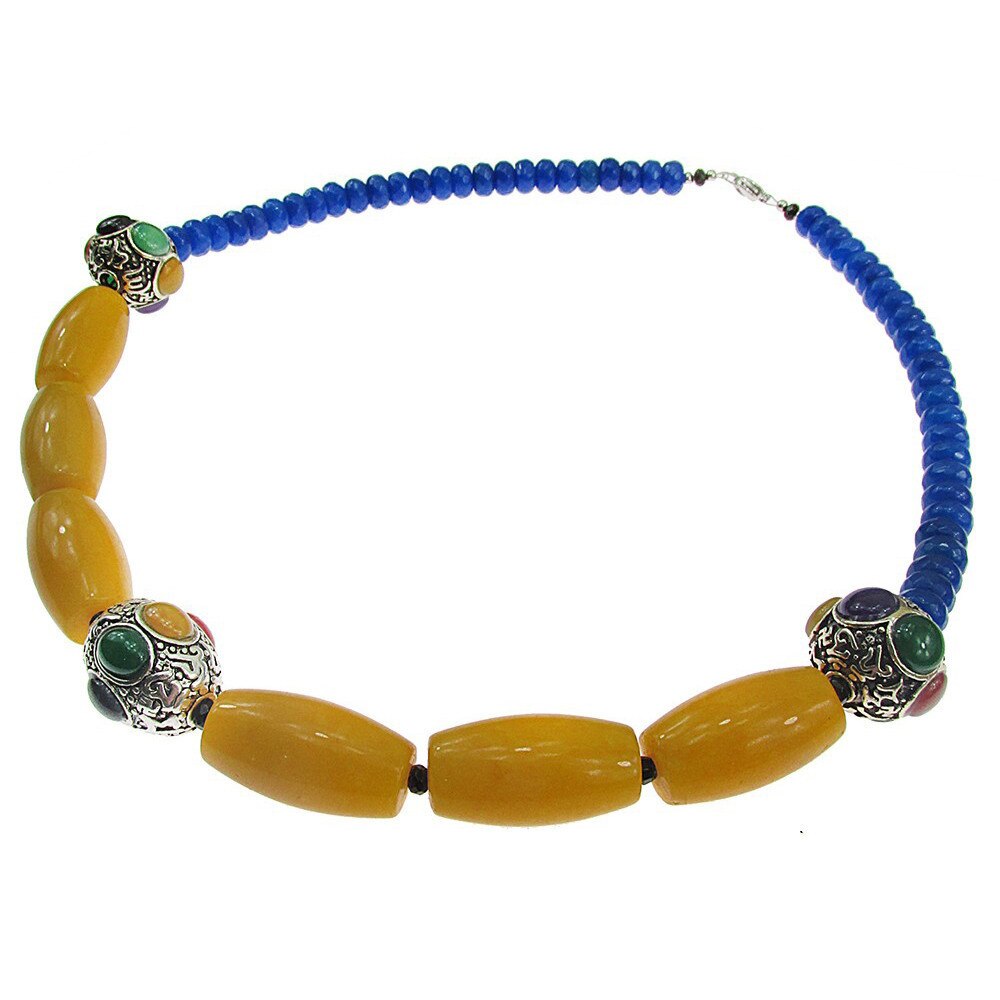 Colier 7 chakre cu jad galben si albastru, GlamBazaar, 56 cm, cu Jad, Galben, Grena, tip colier statement cu pietre naturale