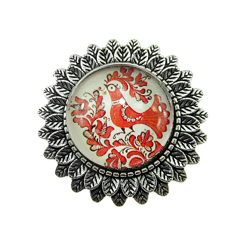 Brosa argintiu antic model folcloric cuc rosu, GlamBazaar, 3.3 cm, cu Fara pietre, Rosu, tip Brosa handmade