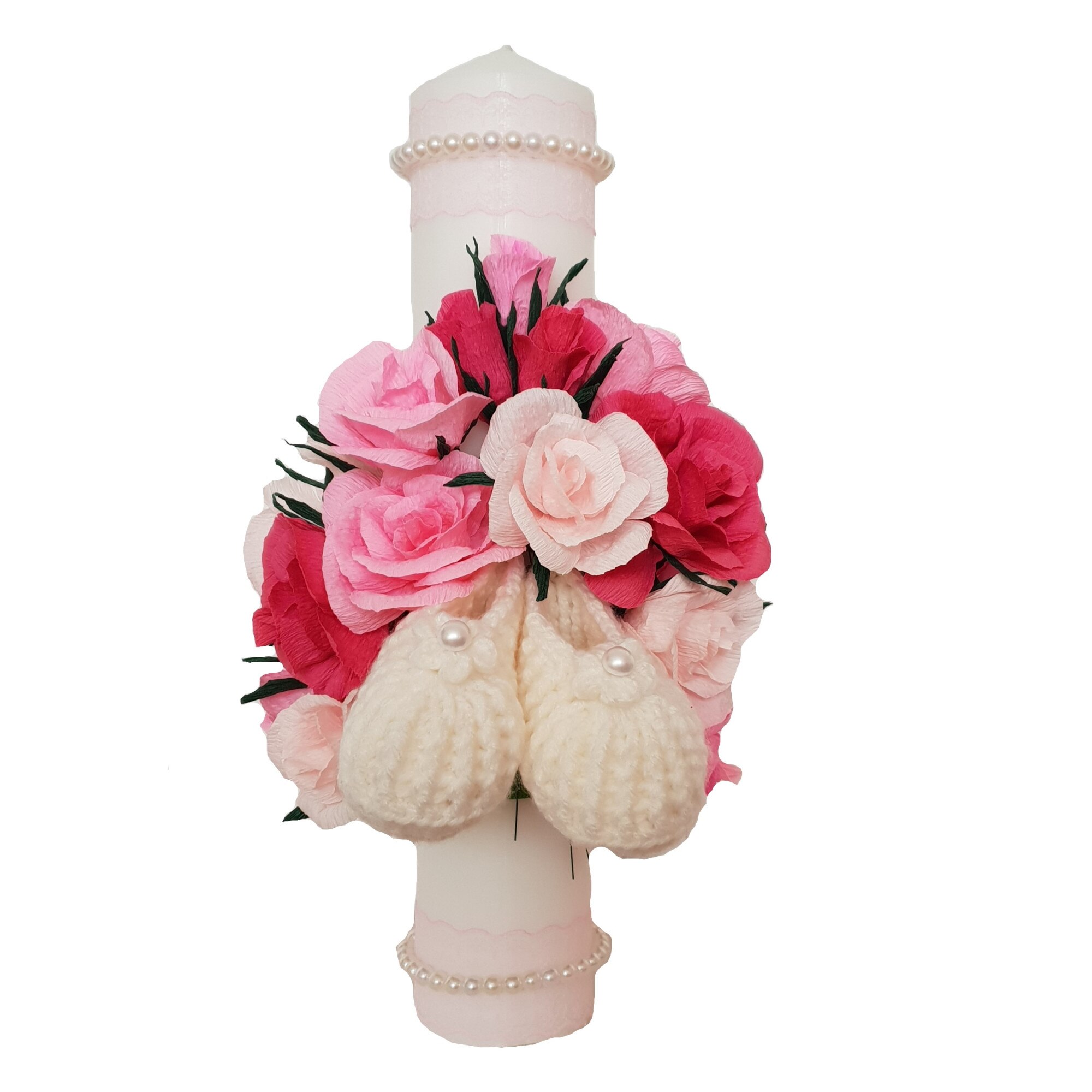 Lumanare de botez Handmade Minis Boutique, cu trandafiri roz si rosii si botosei albi
