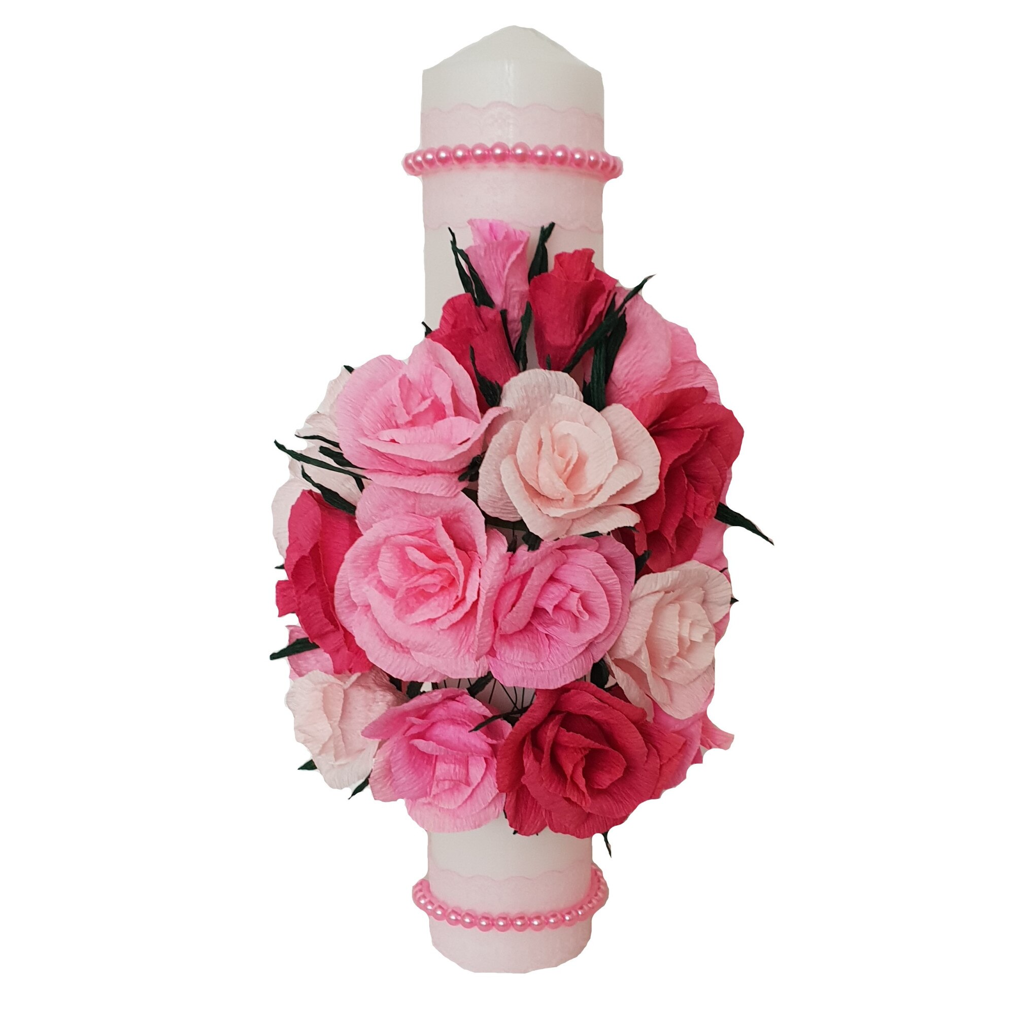 Lumanare botez/nunta Handmade Minis Boutique, cu trandafiri roz si rosii si margele roz