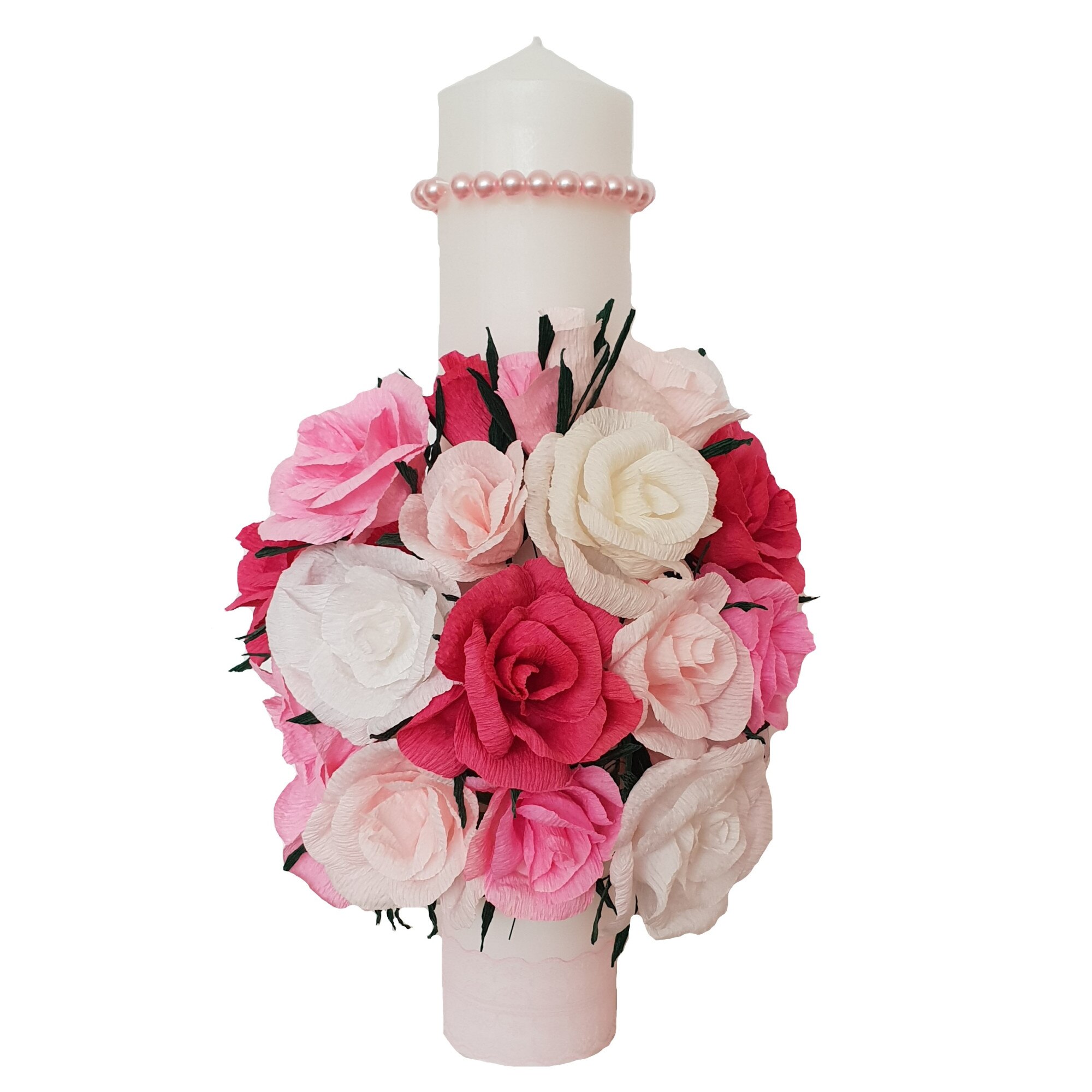 Lumanare botez/nunta Handmade Minis Boutique, cu trandafiri albi, roz si rosii