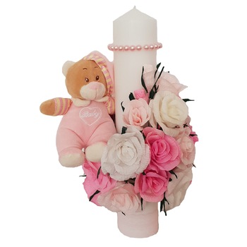 Lumanare de botez Handmade Minis Boutique, cu trandafiri albi si roz si ursulet bebelus roz Lumanare de botez Handmade Minis Boutique, cu trandafiri albi si roz si ursulet bebelus roz