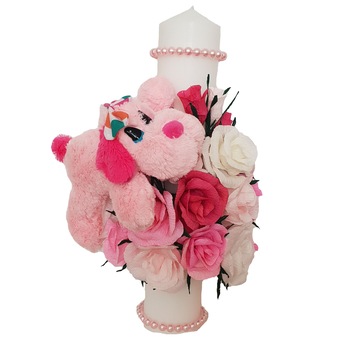 Lumanare de botez Handmade Minis Boutique, cu trandafiri albi, roz si rosii si catelus Lumanare de botez Handmade Minis Boutique, cu trandafiri albi, roz si rosii si catelus