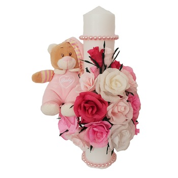Lumanare de botez Handmade Minis Boutique, cu trandafiri albi, roz si rosii si ursulet bebelus roz Lumanare de botez Handmade Minis Boutique, cu trandafiri albi, roz si rosii si ursulet bebelus roz