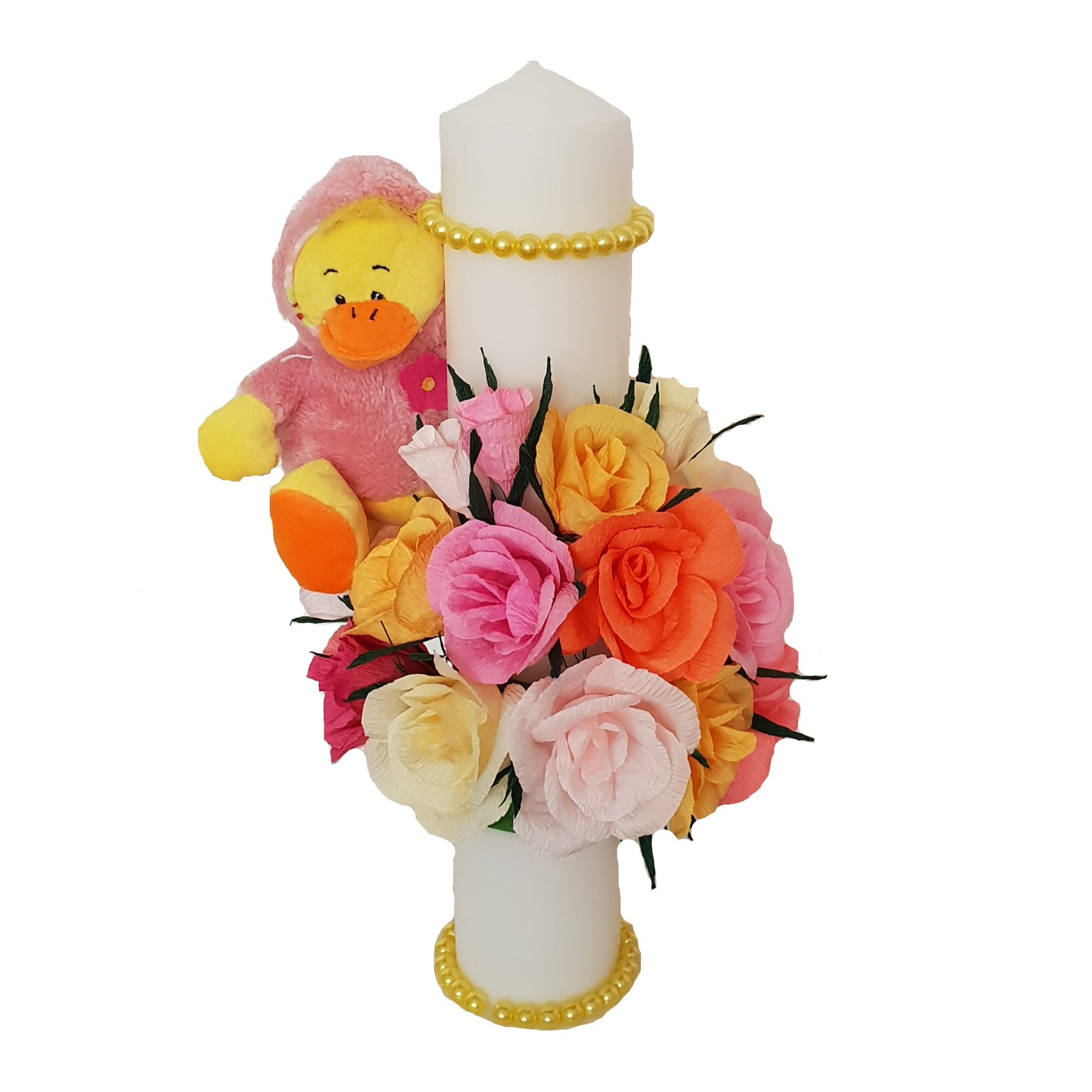 Lumanare de botez Handmade Minis Boutique, cu trandafiri multicolori si ratusca