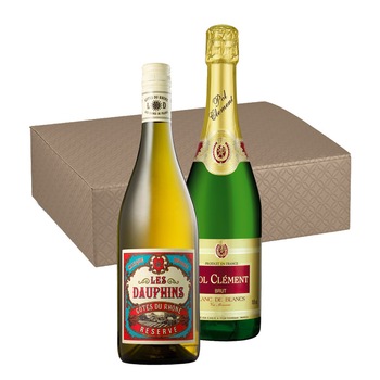 Pachet Vin Alb Les Dauphins si Vin Spumant Pol Clement, 2 sticle, 0.75l Pachet Vin Alb Les Dauphins si Vin Spumant Pol Clement, 2 sticle, 0.75l