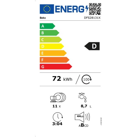 Masina de spalat vase Beko DFS28131X, 11 seturi, 8 programe, Clasa D, 45 cm, Inox