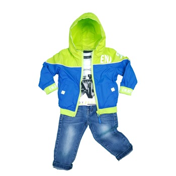 Set 3 piese cu jacehta fas, pantalon denim si bluza, baieti, Albastru/Verde Set 3 piese cu jacehta fas, pantalon denim si bluza, baieti, Albastru/Verde