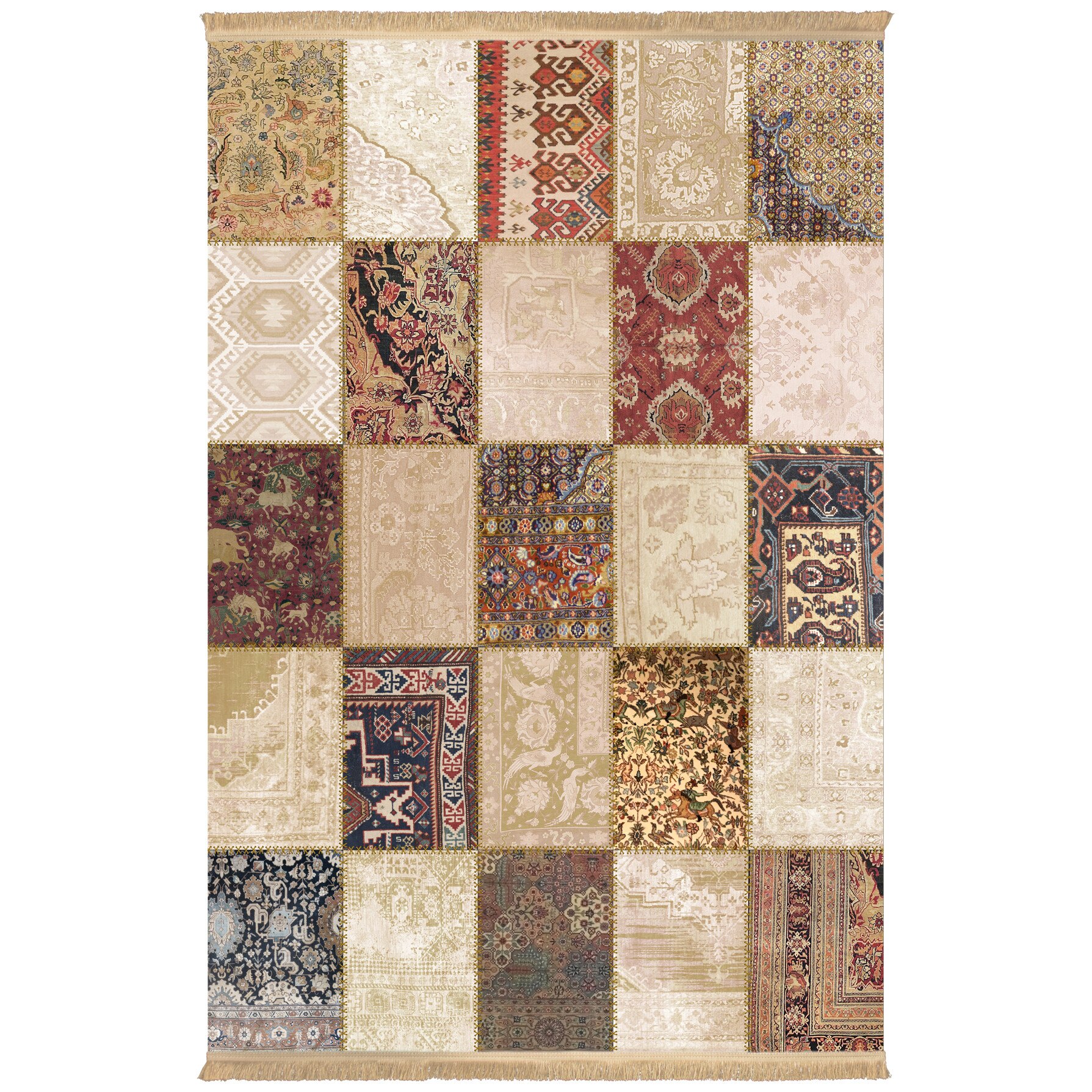 Covor Persan, Colaris, 100220, Dimensiune 0.5X0.8, 1.7milioane nod/mp, Matase Artificiala,Multicolor ,Design Patchwork, Antialergic