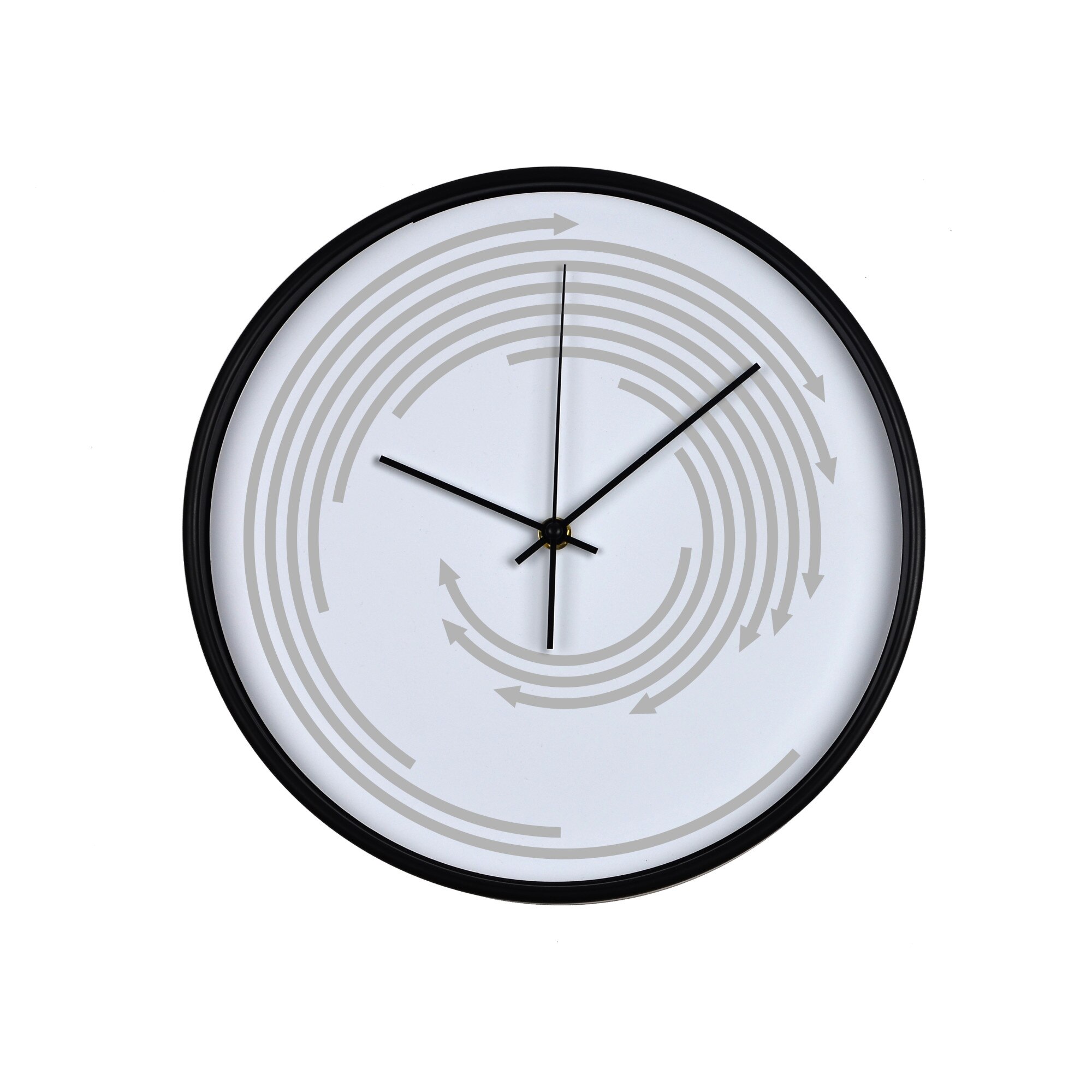 Ceas perete, produs DekoStore, pentru birou, living sau showroom, cu mecanism silentios, Intr-o continua spirala, diametru 30 cm, rama neagra din plastic