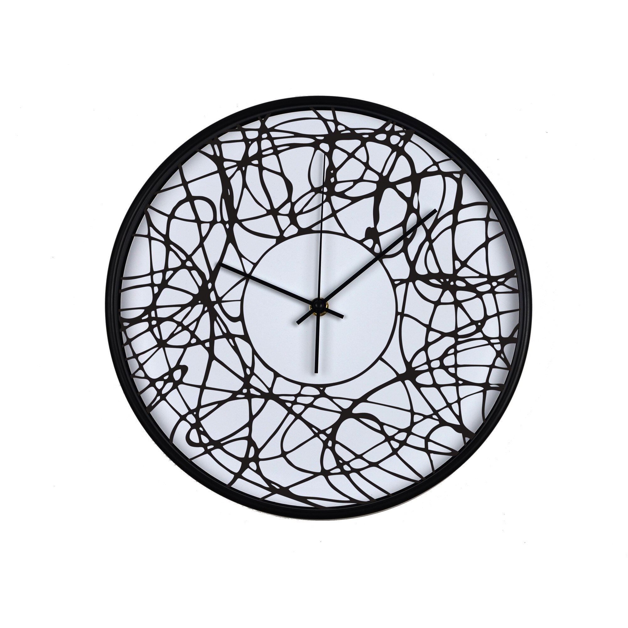 Ceas perete, produs DekoStore, pentru birou, living sau showroom, cu mecanism silentios, O incurcatura eleganta/fundal alb, diametru 30 cm, rama neagra din plastic