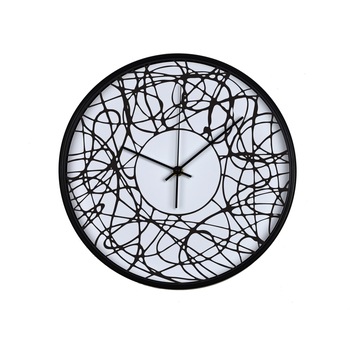 Ceas perete, produs DekoStore, pentru birou, living sau showroom, cu mecanism silentios, O incurcatura eleganta/fundal alb, diametru 30 cm, rama neagra din plastic Ceas perete, produs DekoStore, pentru birou, living sau showroom, cu mecanism silentios, O incurcatura eleganta/fundal alb, diametru 30 cm, rama neagra din plastic