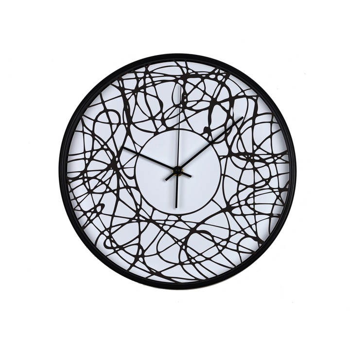 Ceas perete, produs DekoStore, pentru birou, living sau showroom, cu mecanism silentios, O incurcatura eleganta/fundal alb, diametru 30 cm, rama neagra din plastic