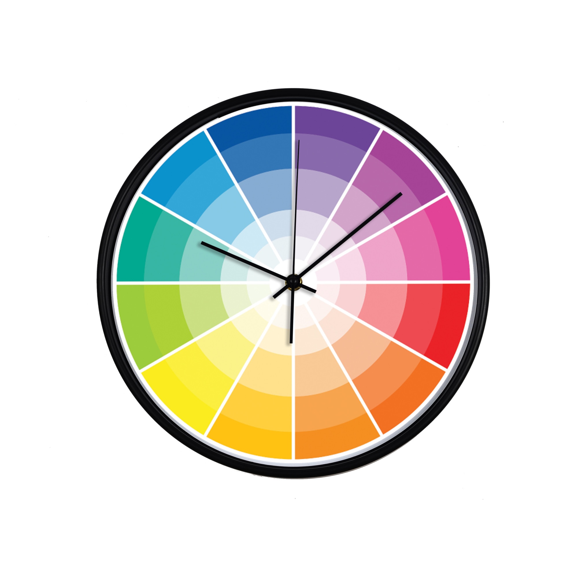 Ceas perete, produs DekoStore, pentru birou, living sau showroom, cu mecanism silentios, Paleta de culori, diametru 30 cm, rama neagra din plastic