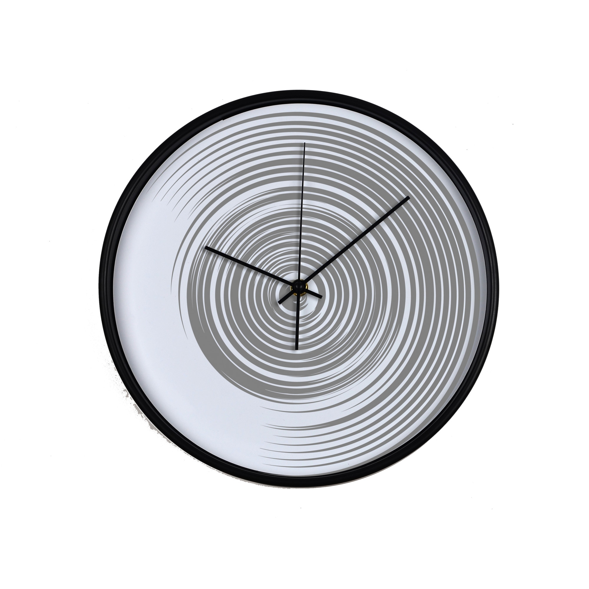Ceas perete, produs DekoStore, pentru birou, living sau showroom, cu mecanism silentios, Spirala gri, diametru 30 cm, rama neagra din plastic