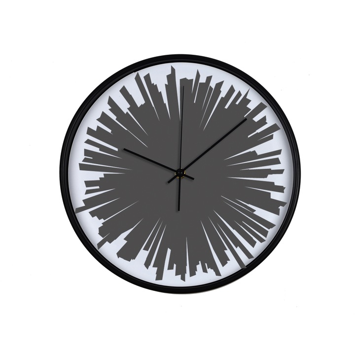 Ceas perete, produs DekoStore, pentru birou, living sau showroom, cu mecanism silentios, Explozie liniara, diametru 30 cm, rama neagra din plastic