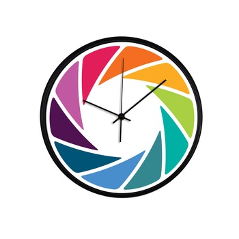 Ceas perete, produs DekoStore, pentru birou, living sau showroom, cu mecanism silentios, Diafragma curcubeu, diametru 30 cm, rama neagra din plastic Ceas perete, produs DekoStore, pentru birou, living sau showroom, cu mecanism silentios, Diafragma curcubeu, diametru 30 cm, rama neagra din plastic