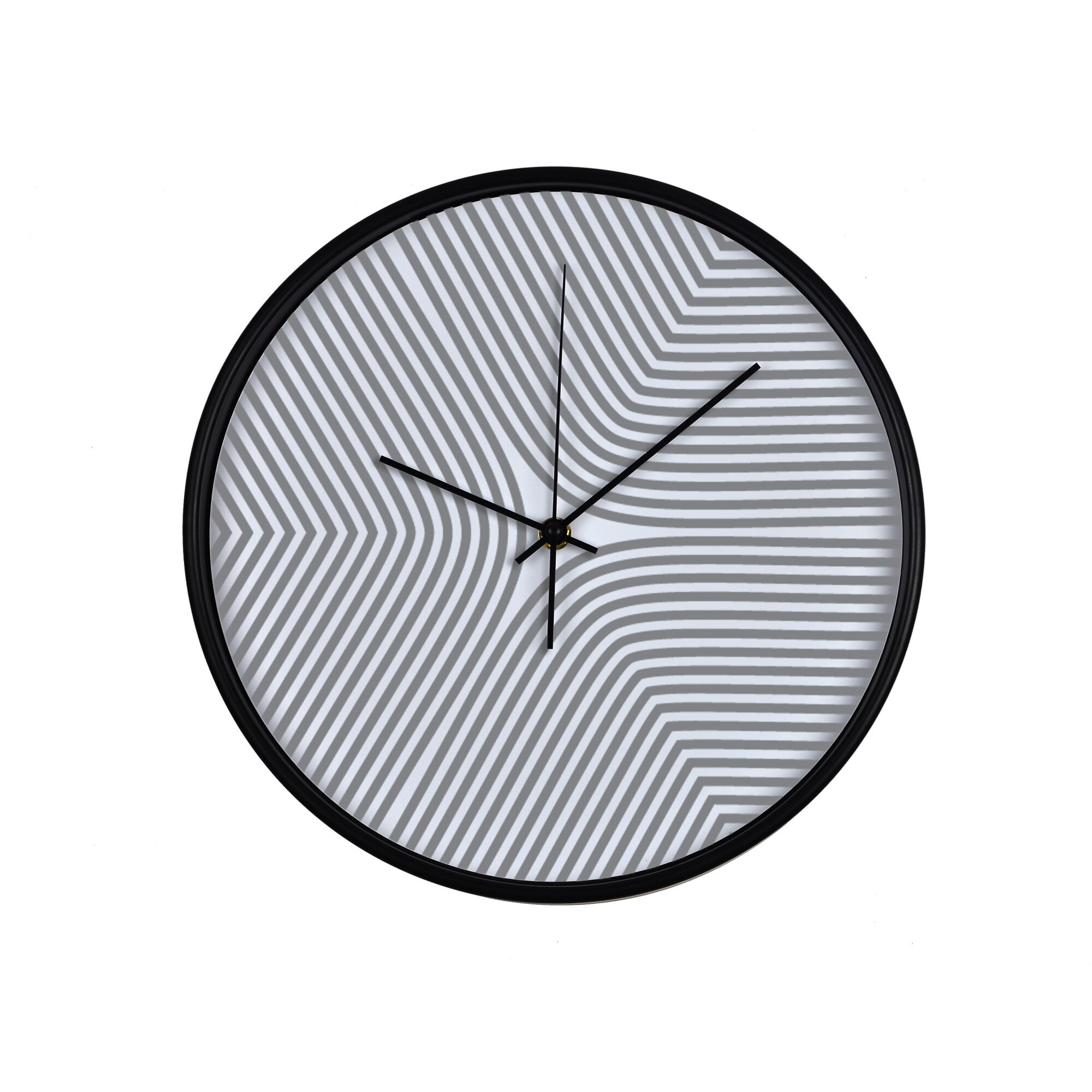 Ceas perete, produs DekoStore, pentru birou, living sau showroom, cu mecanism silentios, Linii ametitoare, diametru 30 cm, rama neagra din plastic
