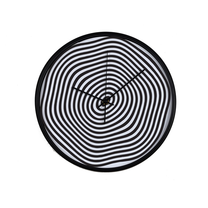 Ceas perete, produs DekoStore, pentru birou, living sau showroom, cu mecanism silentios, Cercuri neuniforme negre, diametru 30 cm, rama neagra din plastic
