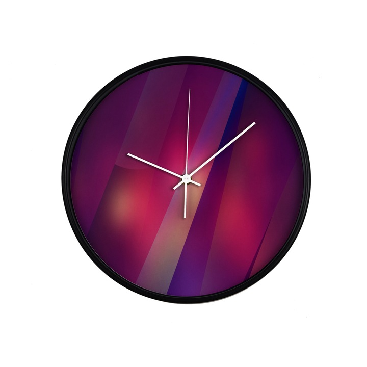 Ceas perete, produs DekoStore, pentru birou, living sau showroom, cu mecanism silentios, Vivid Wallpaper, diametru 30 cm, rama neagra din plastic