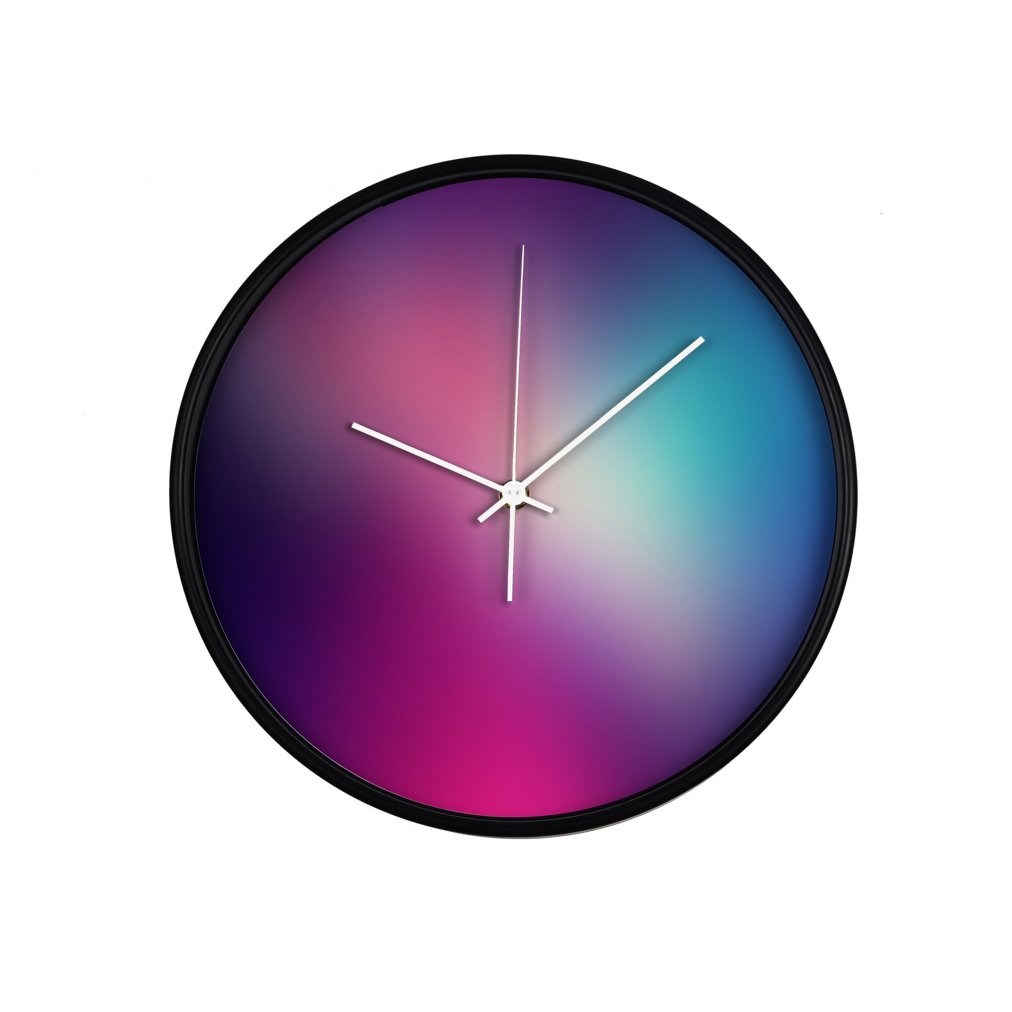 Ceas perete, produs DekoStore, pentru birou, living sau showroom, cu mecanism silentios, Fundal blurat in nuante de violet, diametru 30 cm, rama neagra din plastic