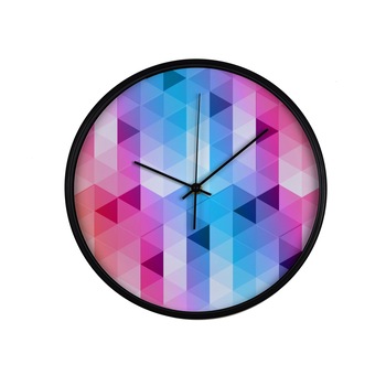 Ceas perete, produs DekoStore, pentru birou, living sau showroom, cu mecanism silentios, Triunghiuri curcubeu, diametru 30 cm, rama neagra din plastic Ceas perete, produs DekoStore, pentru birou, living sau showroom, cu mecanism silentios, Triunghiuri curcubeu, diametru 30 cm, rama neagra din plastic