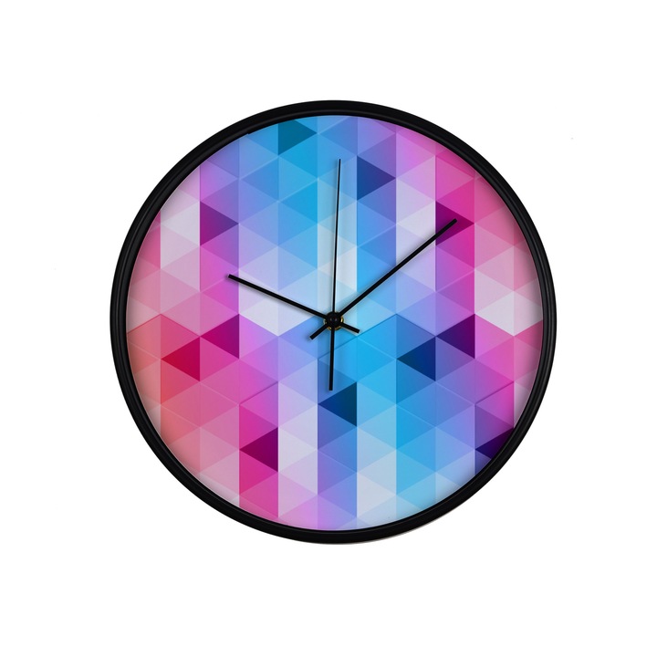 Ceas perete, produs DekoStore, pentru birou, living sau showroom, cu mecanism silentios, Triunghiuri curcubeu, diametru 30 cm, rama neagra din plastic