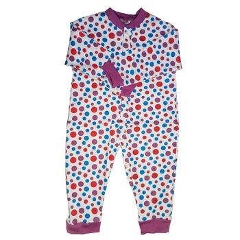 Salopeta Handmade Minis Boutique, cu buline mov, rosii si albastre, 6-9 luni Salopeta Handmade Minis Boutique, cu buline mov, rosii si albastre, 6-9 luni