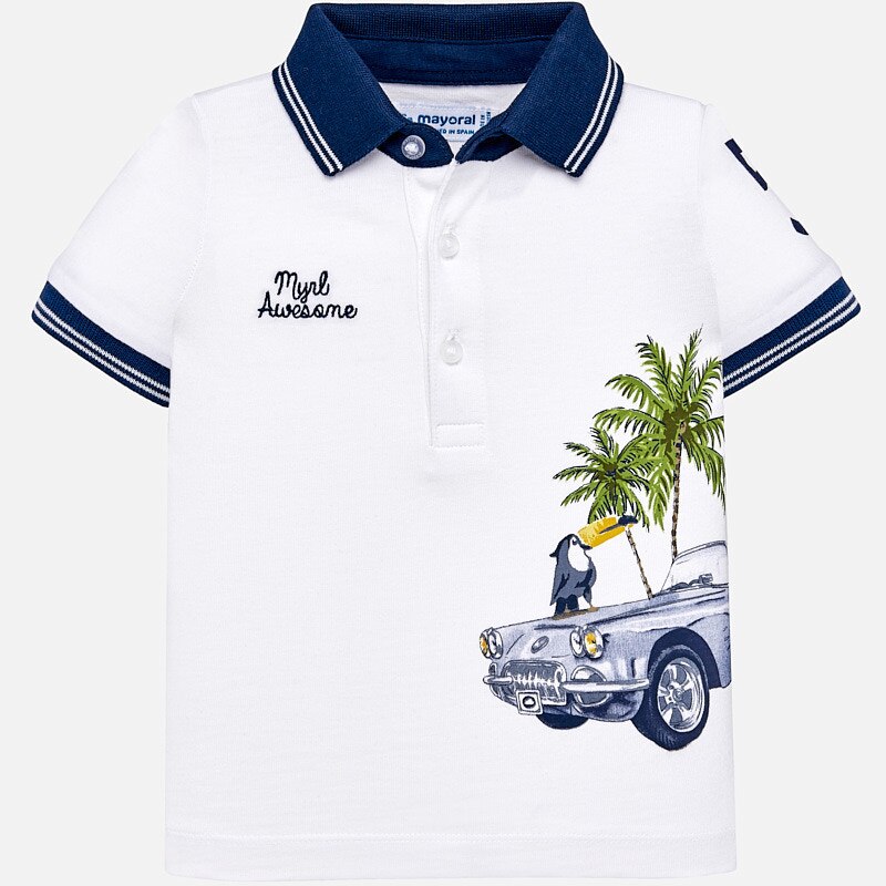 Tricou Polo maneca scurta desene baiat, Mayoral, Alb, 9 luni