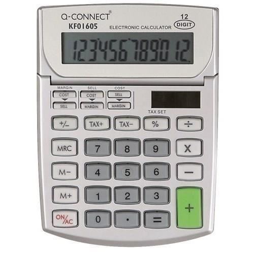Calculator de birou Q-CONNECT, solar, 12 cifre, afisaz inclinat, format mediu, functie Tax, 102 x 140 mm, gri