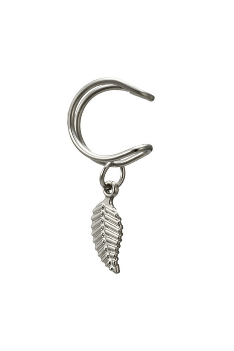 Cercel Ear cuff, model dublu, cu frunzulita metalica, Argintiu, Urechea stanga sau dreapta