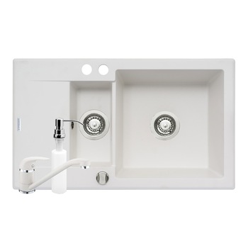 Pachet 3in1 chiuveta granit Pyramis Cristal Extra + Baterie + Dozator detergent lichid, 780x460mm, adancime 185mm, montare pe blat, orientarea cuvelor dreapta, Alb Pachet 3in1 chiuveta granit Pyramis Cristal Extra + Baterie + Dozator detergent lichid, 780x460mm, adancime 185mm, montare pe blat, orientarea cuvelor dreapta, Alb