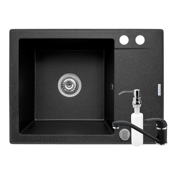 Pachet 3in1 chiuveta granit Pyramis Cristal Mini + Baterie + Dozator detergent lichid, 620x460mm, adancime 185mm, montare pe blat, cuva stanga, Negru Pachet 3in1 chiuveta granit Pyramis Cristal Mini + Baterie + Dozator detergent lichid, 620x460mm, adancime 185mm, montare pe blat, cuva stanga, Negru