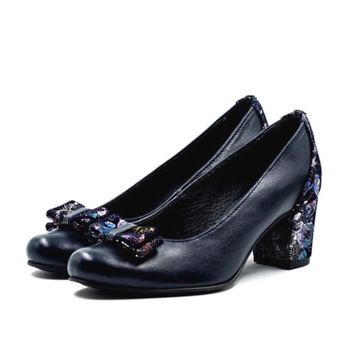 TUNGUS klasszikus cipő sötétkék bőrből és virágmintás, 6 cm-es sarok