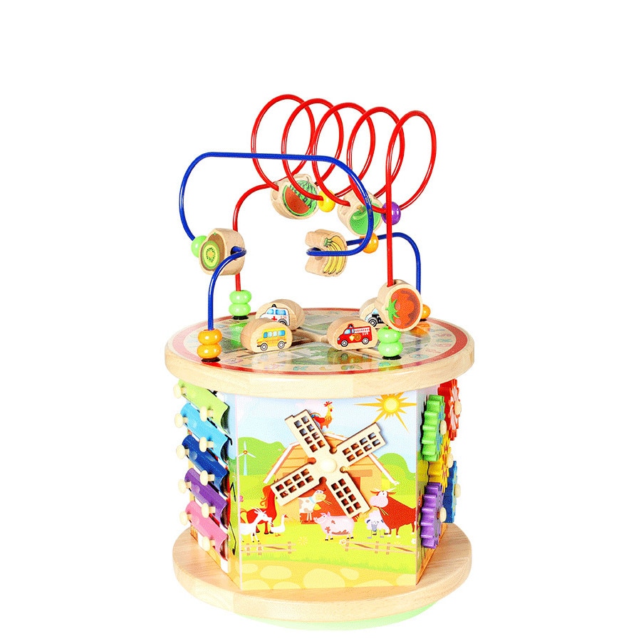 Cub educativ 7 in 1 Montessori din lemn cu activitati, xilofon si bete pentru cantat, abac, rulmenti, ceas, labirinturi, forme geometrice