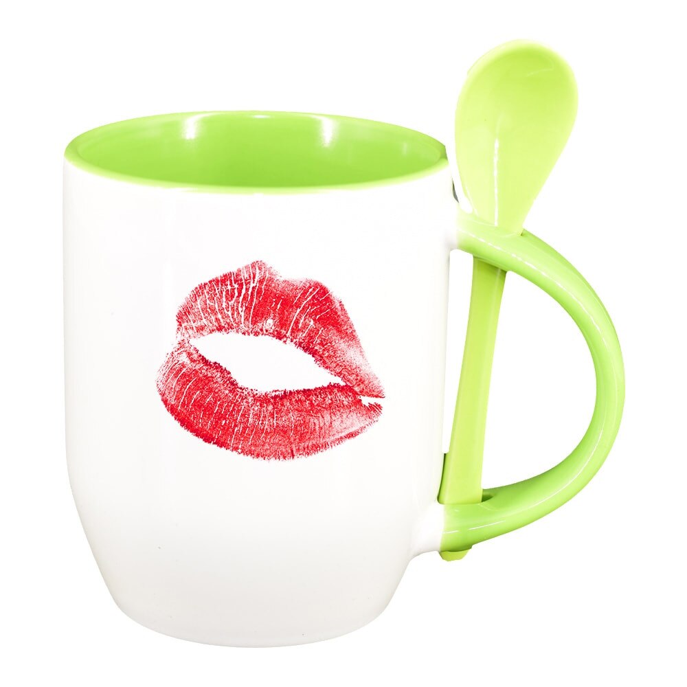 Cana Lips cu lingurita, interior verde deschis, 330ml, D324