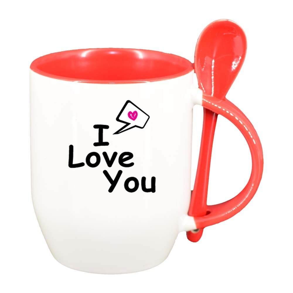 Cana Love cu lingurita, interior rosu, 330ml, D332