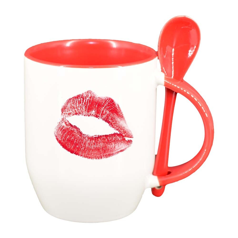 Cana Lips cu lingurita, interior rosu, 330ml, D324