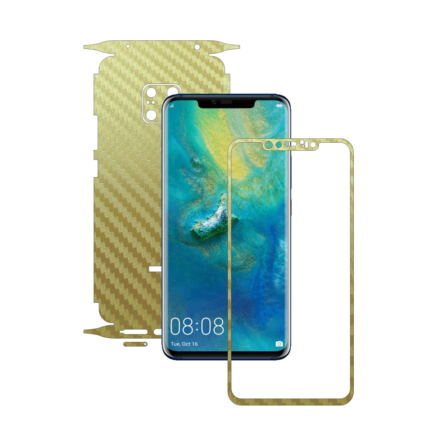 Huawei Mate 20 Pro - Carbon Auriu - 360 Cut - Folie de protectie Carbon Skinz, Skin Adeziv Full Body Cover pentru Rama Ecran,Carcasa Spate si Laterale