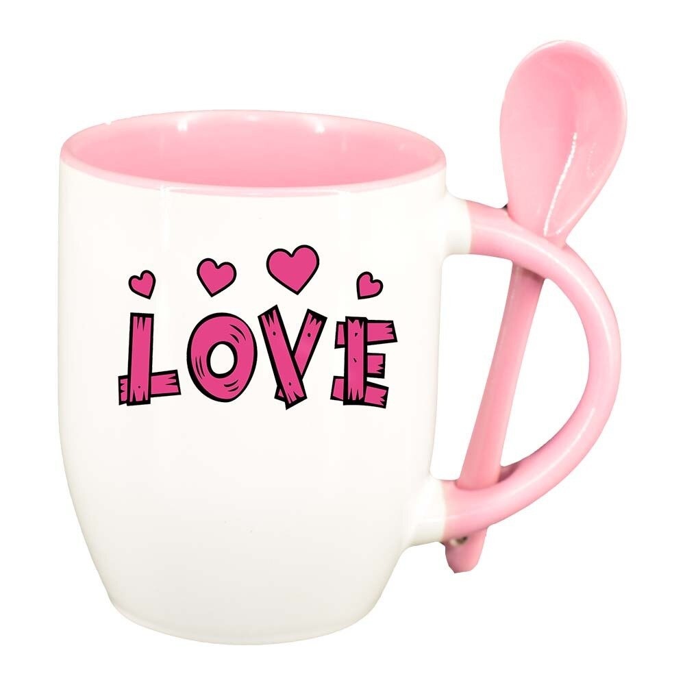 Cana Love cu lingurita, interior roz, 330ml, D339
